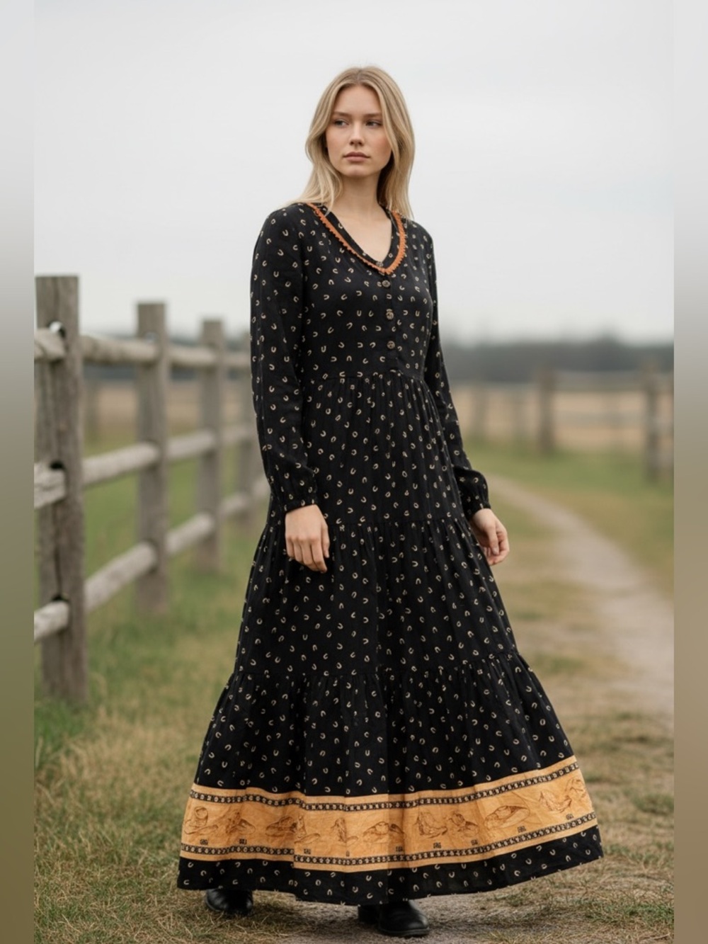 Vintage Roper long Western Print Prairie dress sz S